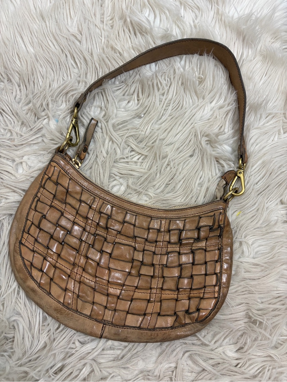 Campomaggi Brown Tan Woven Leather Crescent Shoulder Bag